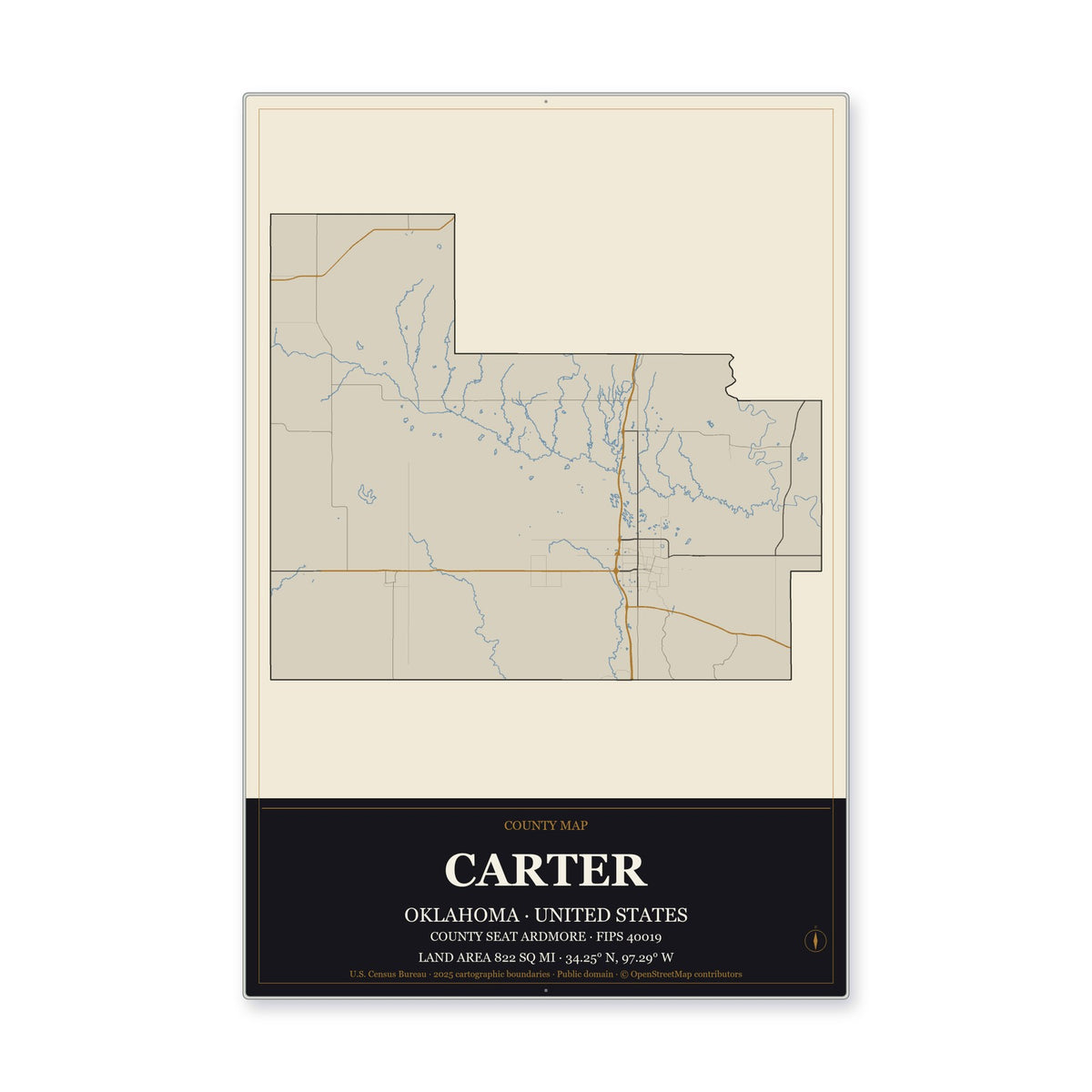 Carter County, Oklahoma Map Aluminum Sign in Museum Plaque style