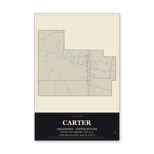 Carter County, Oklahoma Map Aluminum Sign in Museum Plaque style