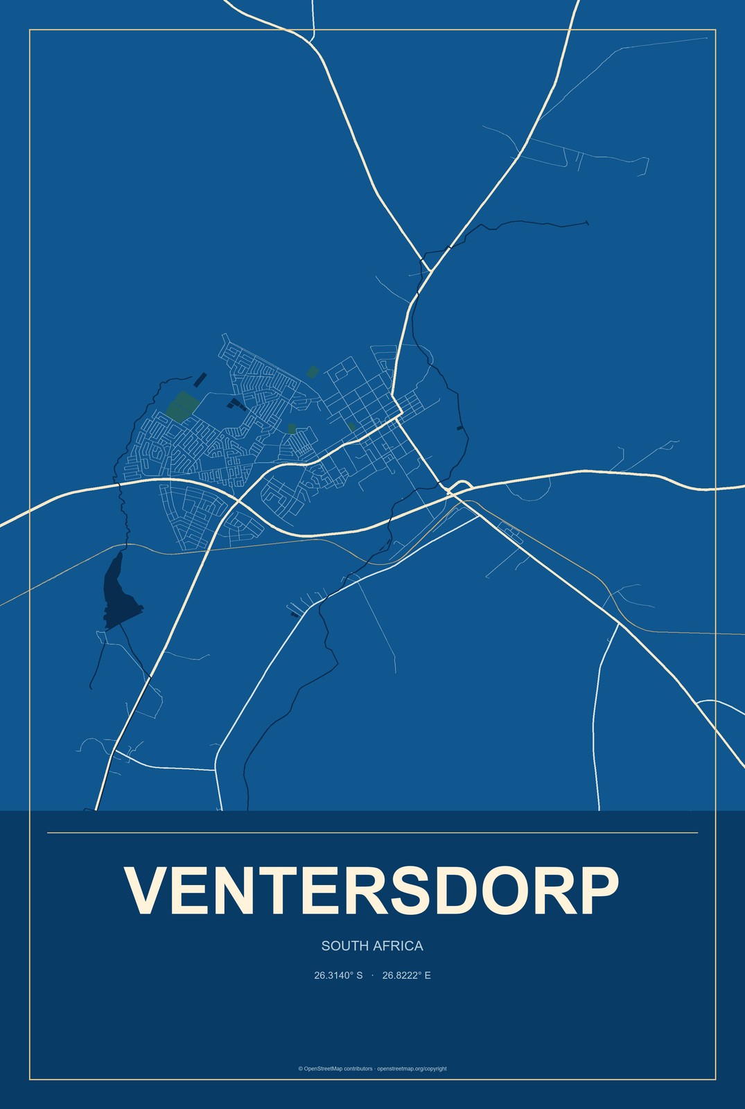 Ventersdorp, South Africa City Map Aluminum Sign in Harbor Cobalt style