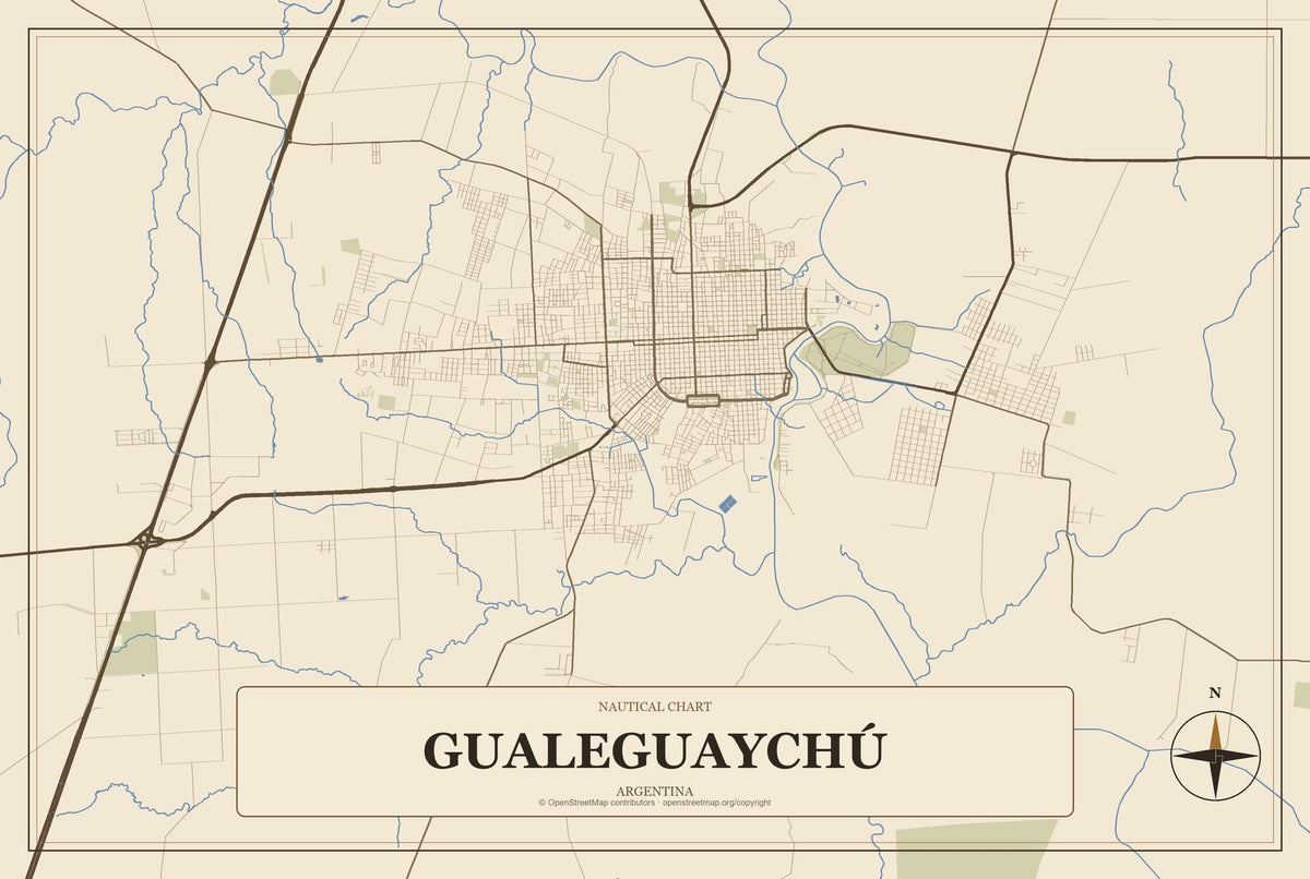 Gualeguaychú, Argentina City Map Aluminum Sign in Heritage Nautical style