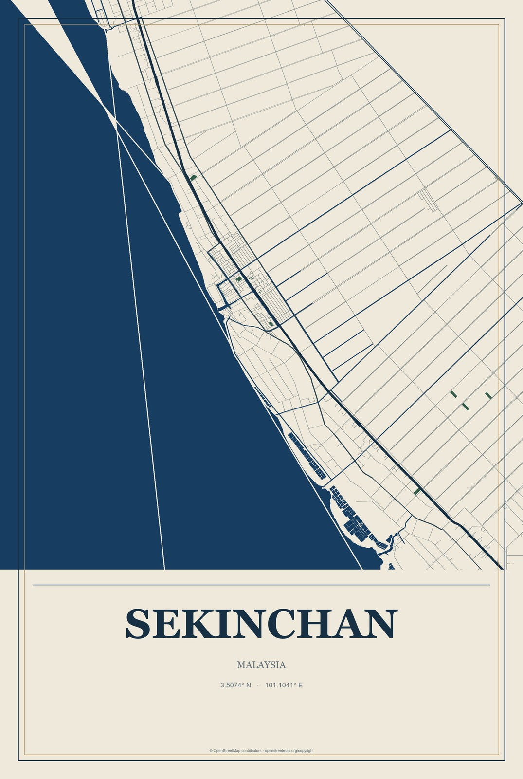 Sekinchan, Malaysia City Map Aluminum Sign in Coastal Cutout style