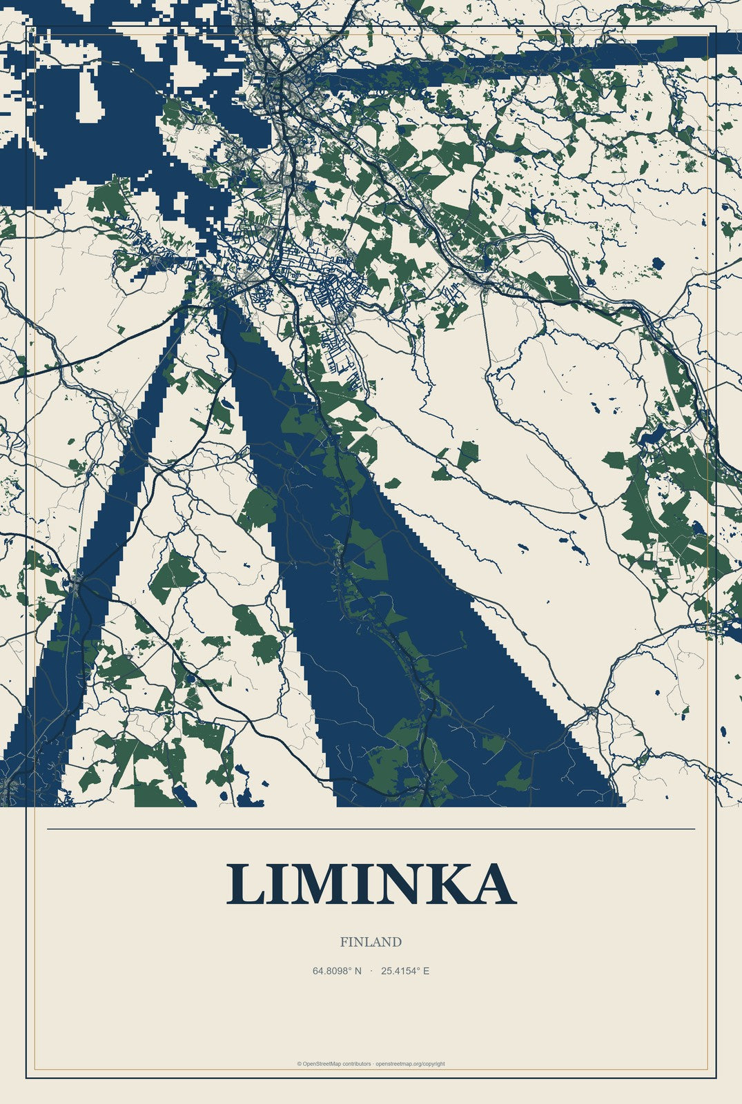 Liminka, Finland City Map Aluminum Sign in Coastal Cutout style