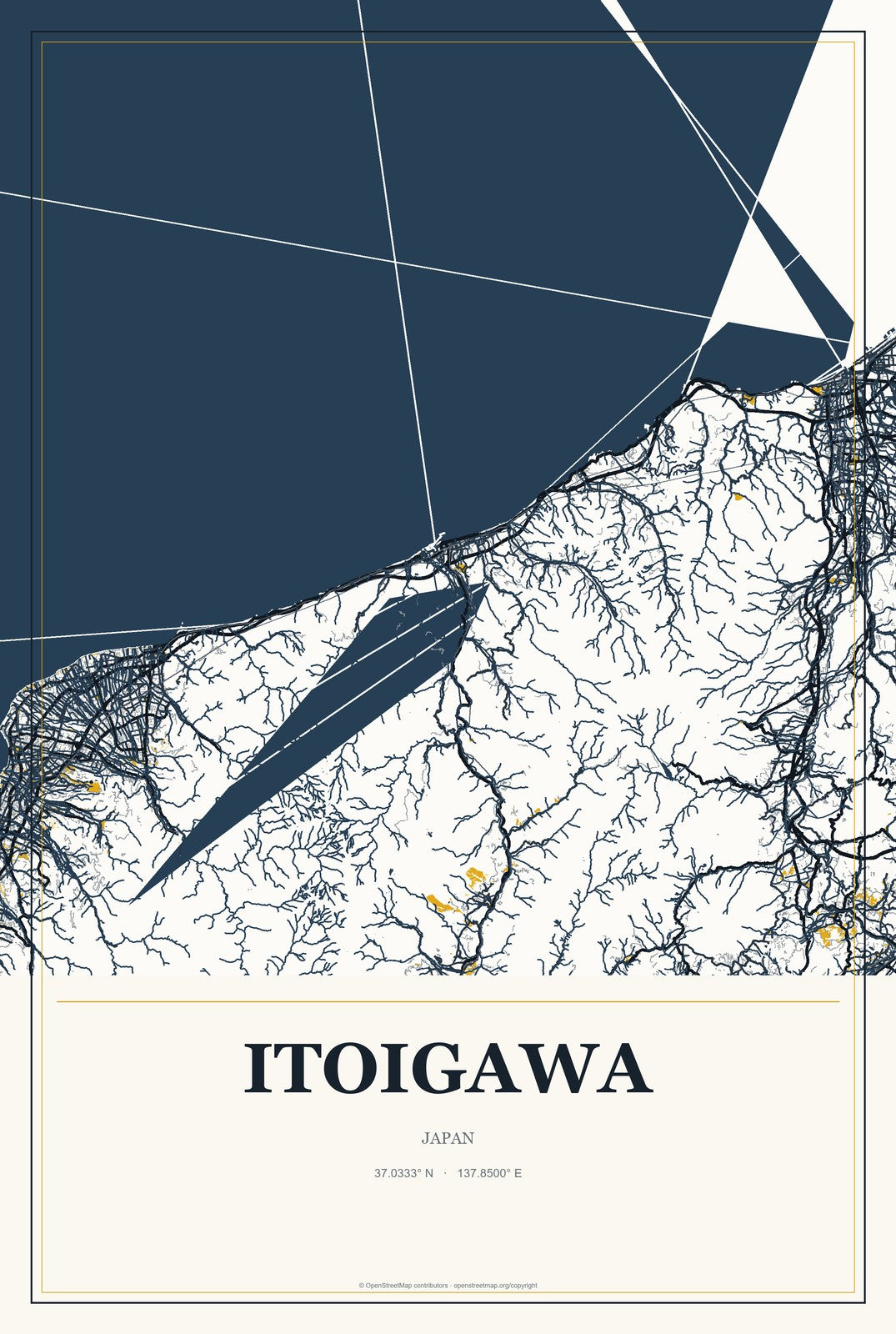 Itoigawa, Japan City Map Aluminum Sign in Citrine Modern style