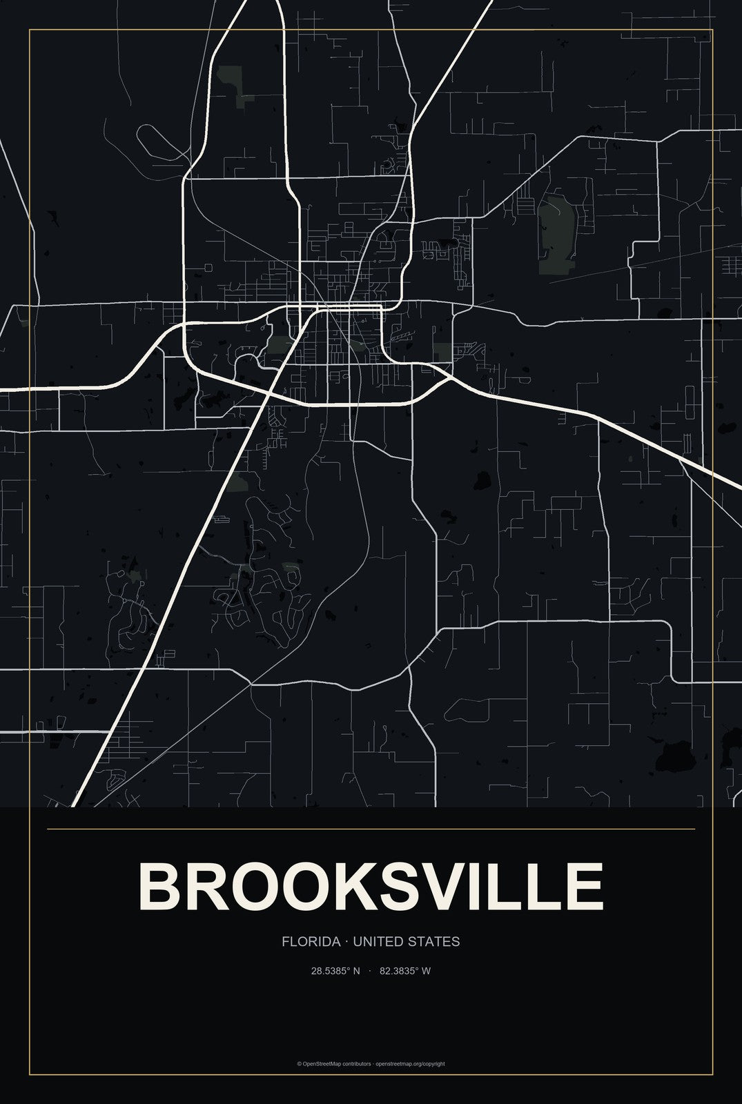 Brooksville, Florida City Map Aluminum Sign in Metropolitan Noir style