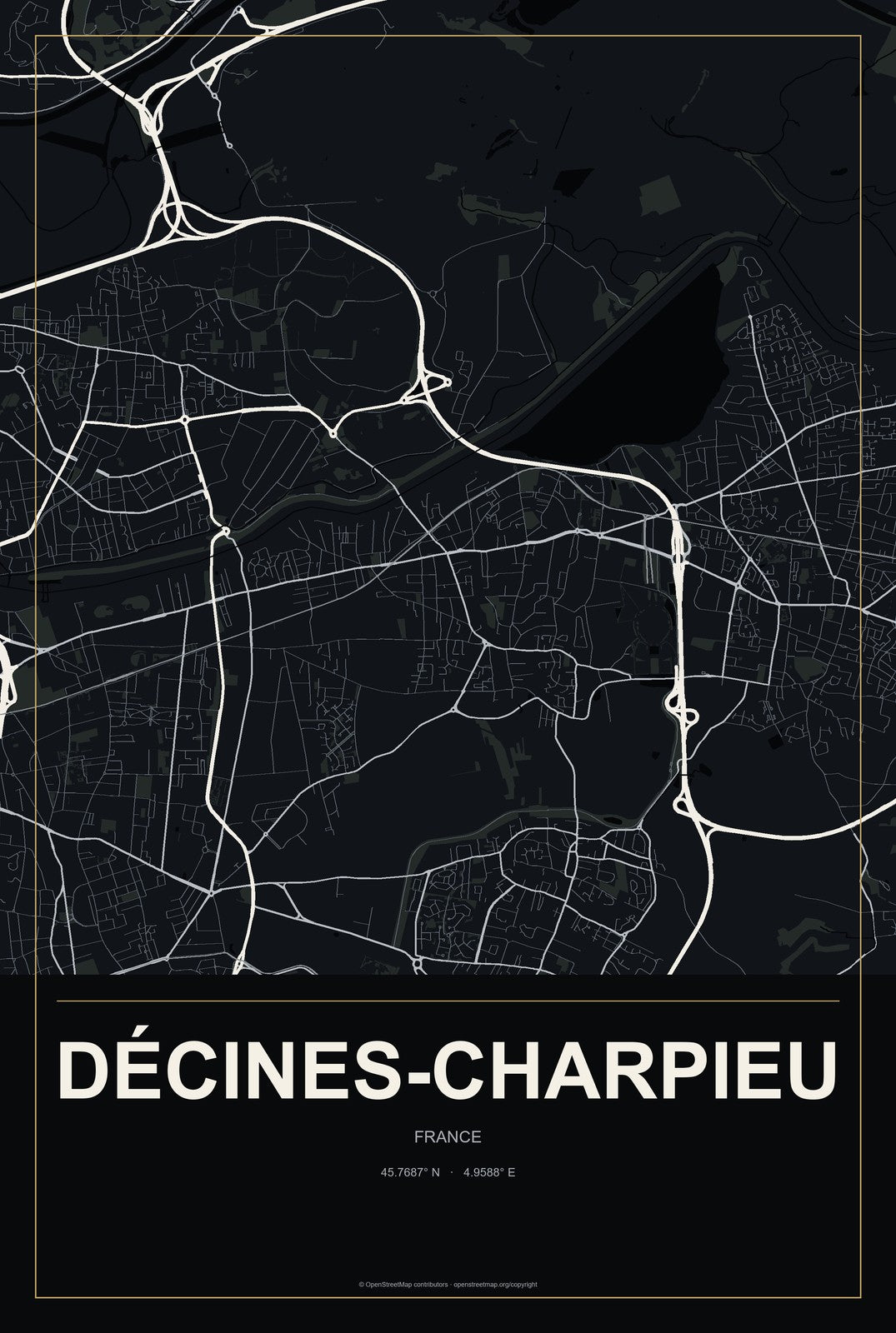 Décines-Charpieu, France City Map Aluminum Sign in Metropolitan Noir style