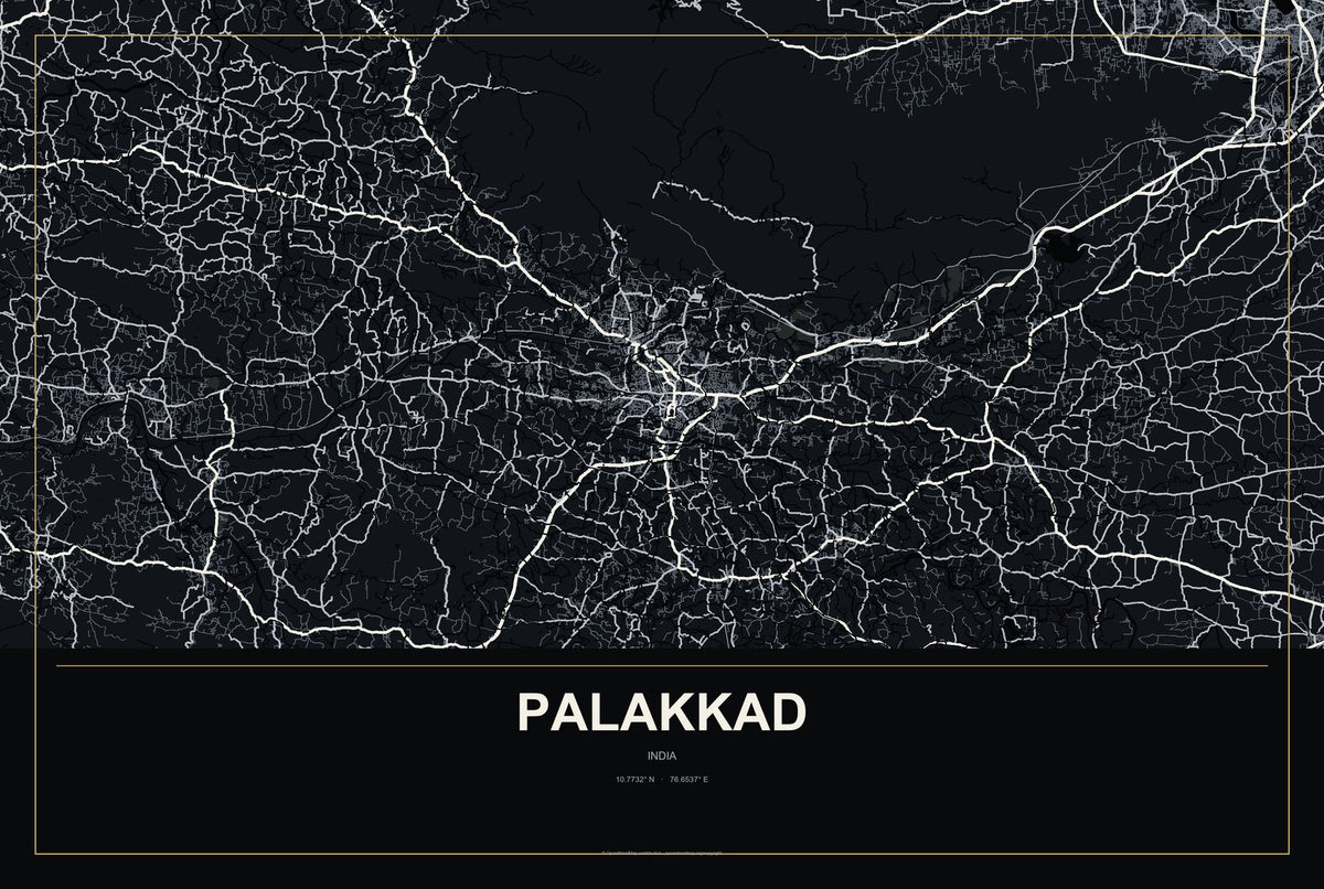 Palakkad, India City Map Aluminum Sign in Metropolitan Noir style