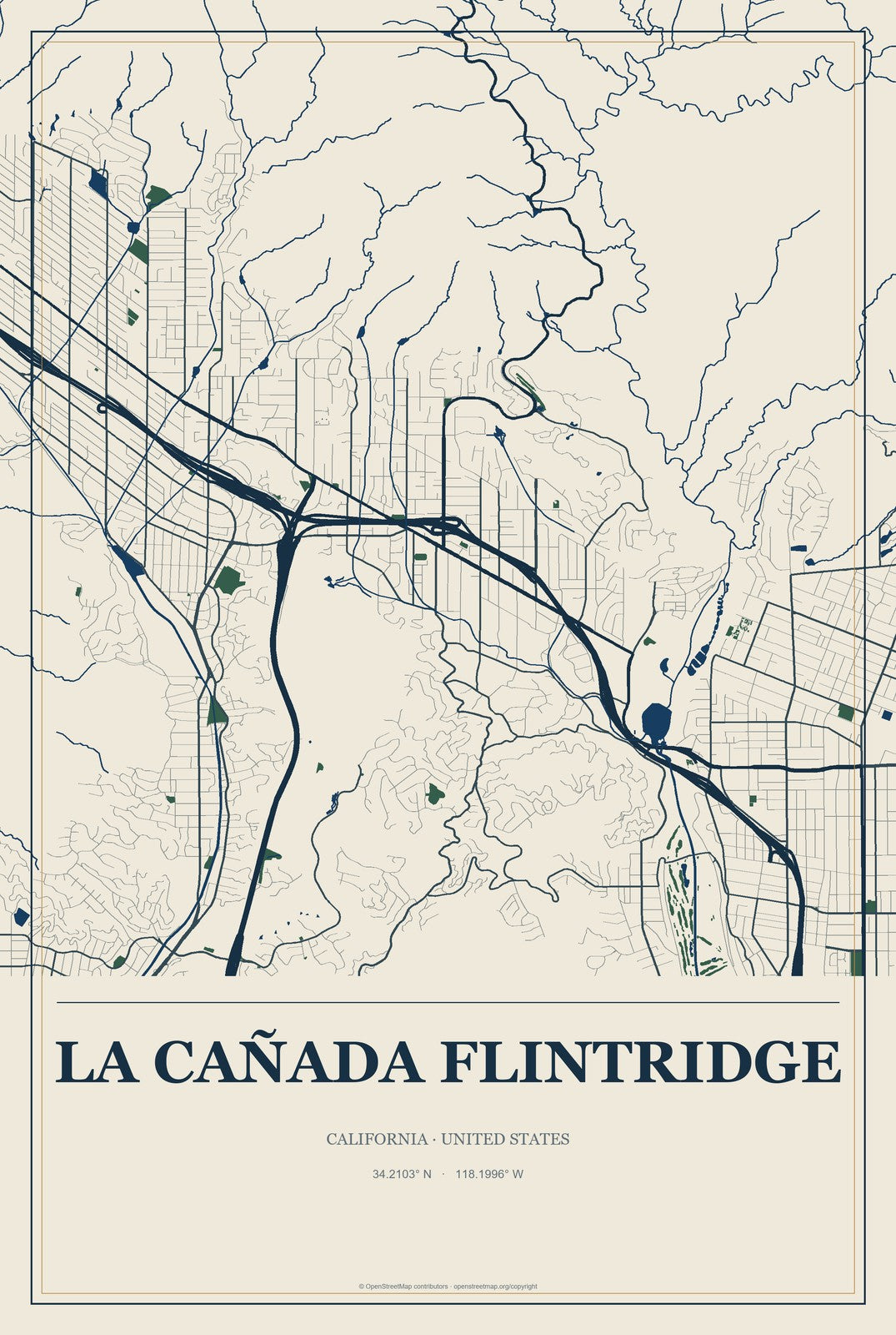 La Cañada Flintridge, California City Map Aluminum Sign in Coastal Cutout style