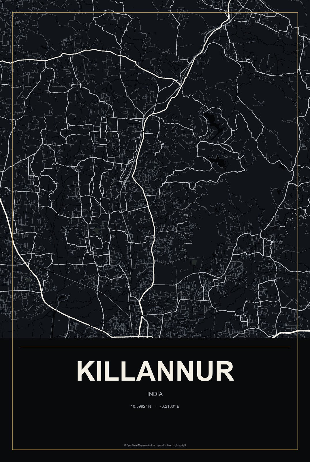 Killannur, India City Map Aluminum Sign in Metropolitan Noir style