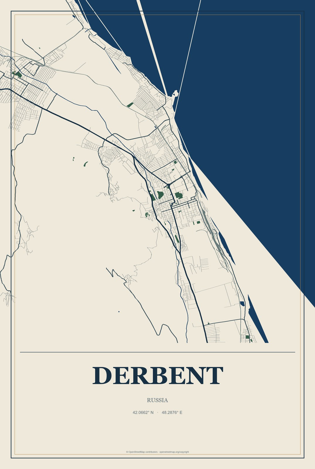 Derbent, Russia City Map Aluminum Sign in Coastal Cutout style