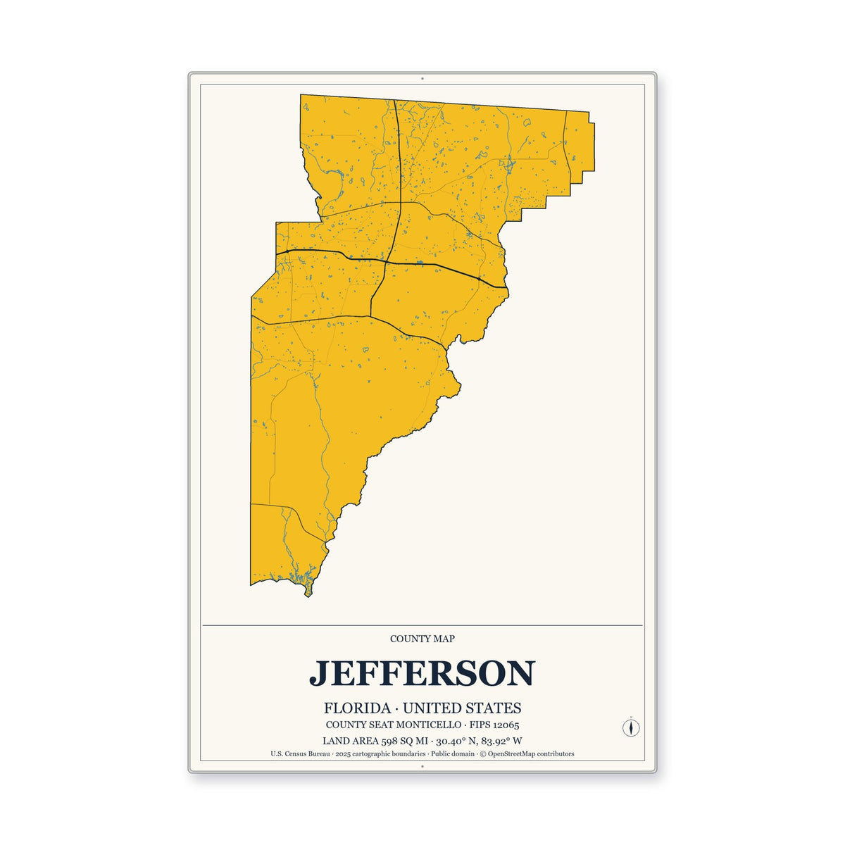 Jefferson County, Florida Map Aluminum Sign in Citrine Modern style