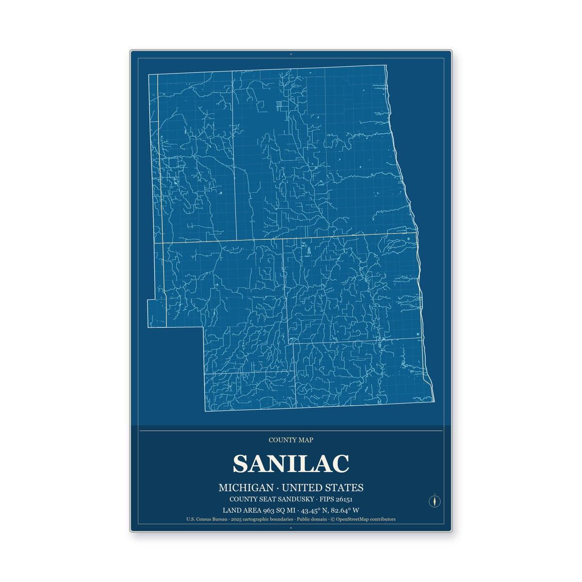 Sanilac County, Michigan Map Aluminum Sign in Harbor Cobalt style
