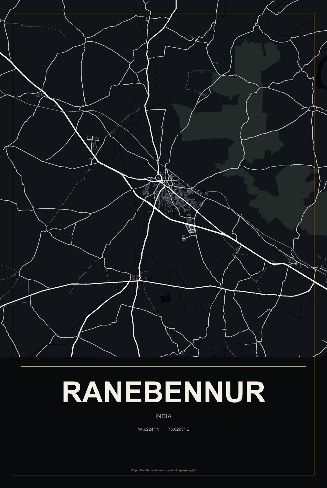 Ranebennur, India City Map Aluminum Sign in Metropolitan Noir style