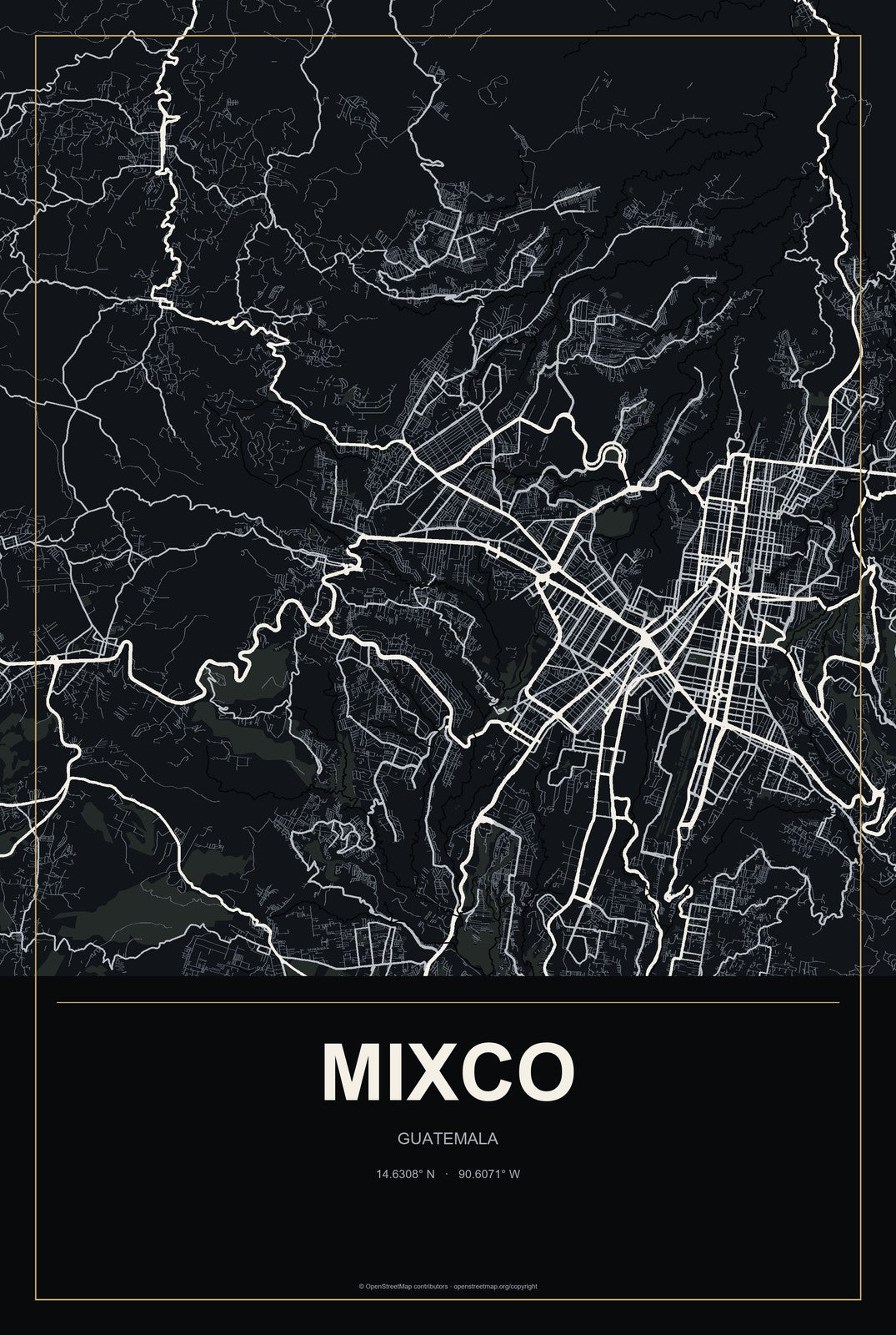 Mixco, Guatemala City Map Aluminum Sign in Metropolitan Noir style