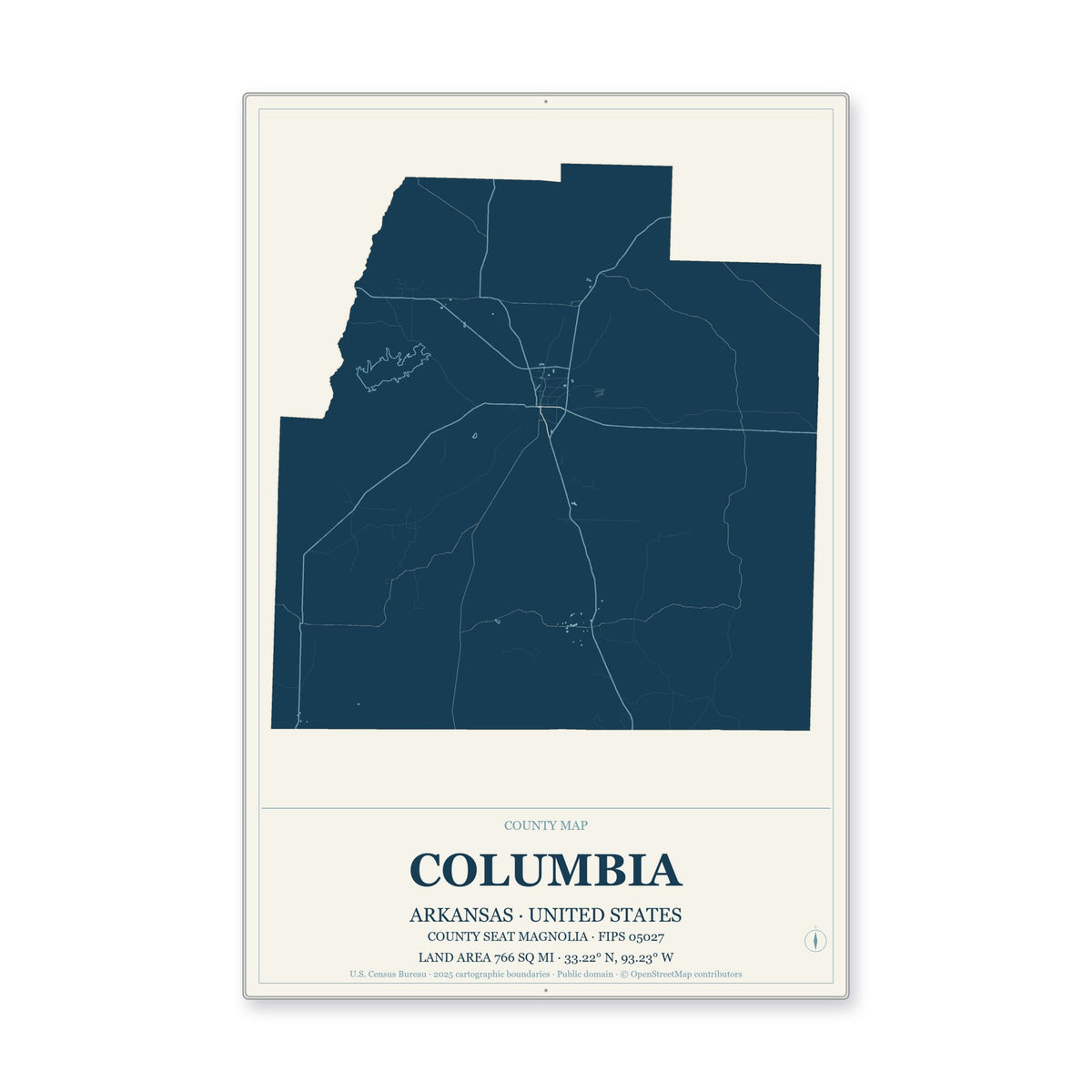 Columbia County, Arkansas Map Aluminum Sign in Coastal Cutout style
