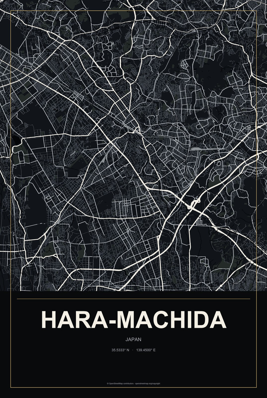 Hara-machida, Japan City Map Aluminum Sign in Metropolitan Noir style