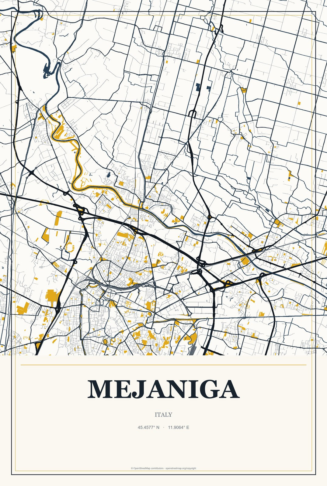 Mejaniga, Italy City Map Aluminum Sign in Citrine Modern style