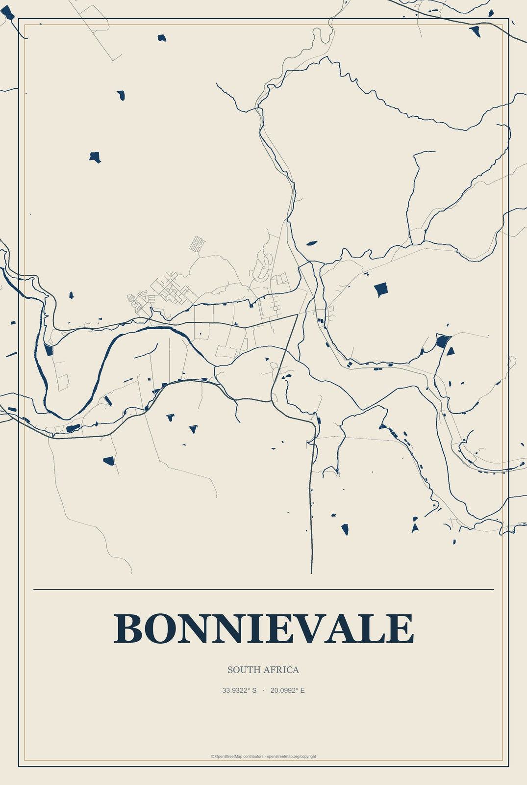Bonnievale, South Africa City Map Aluminum Sign in Coastal Cutout style
