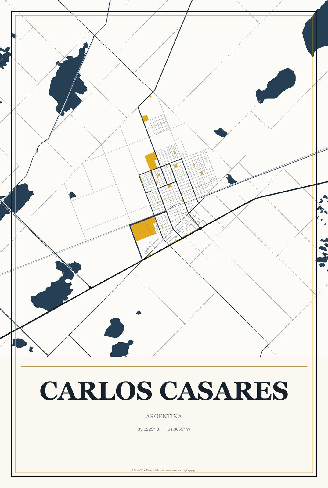 Carlos Casares, Argentina City Map Aluminum Sign in Citrine Modern style