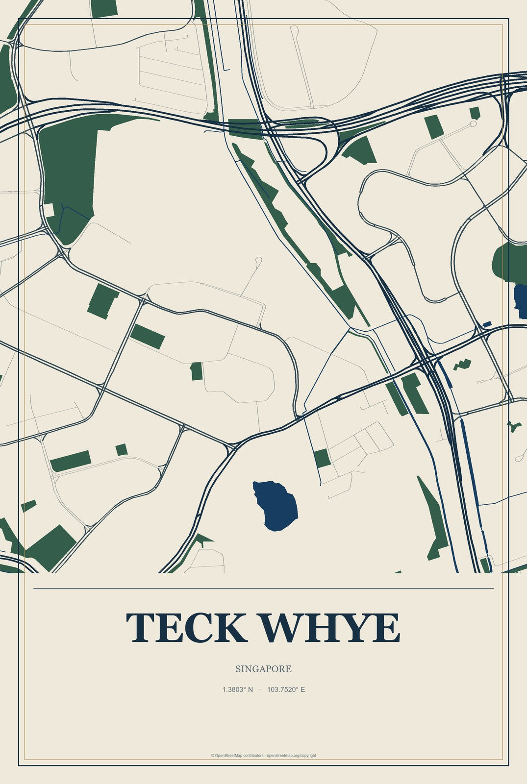 Teck Whye, Singapore City Map Aluminum Sign in Coastal Cutout style