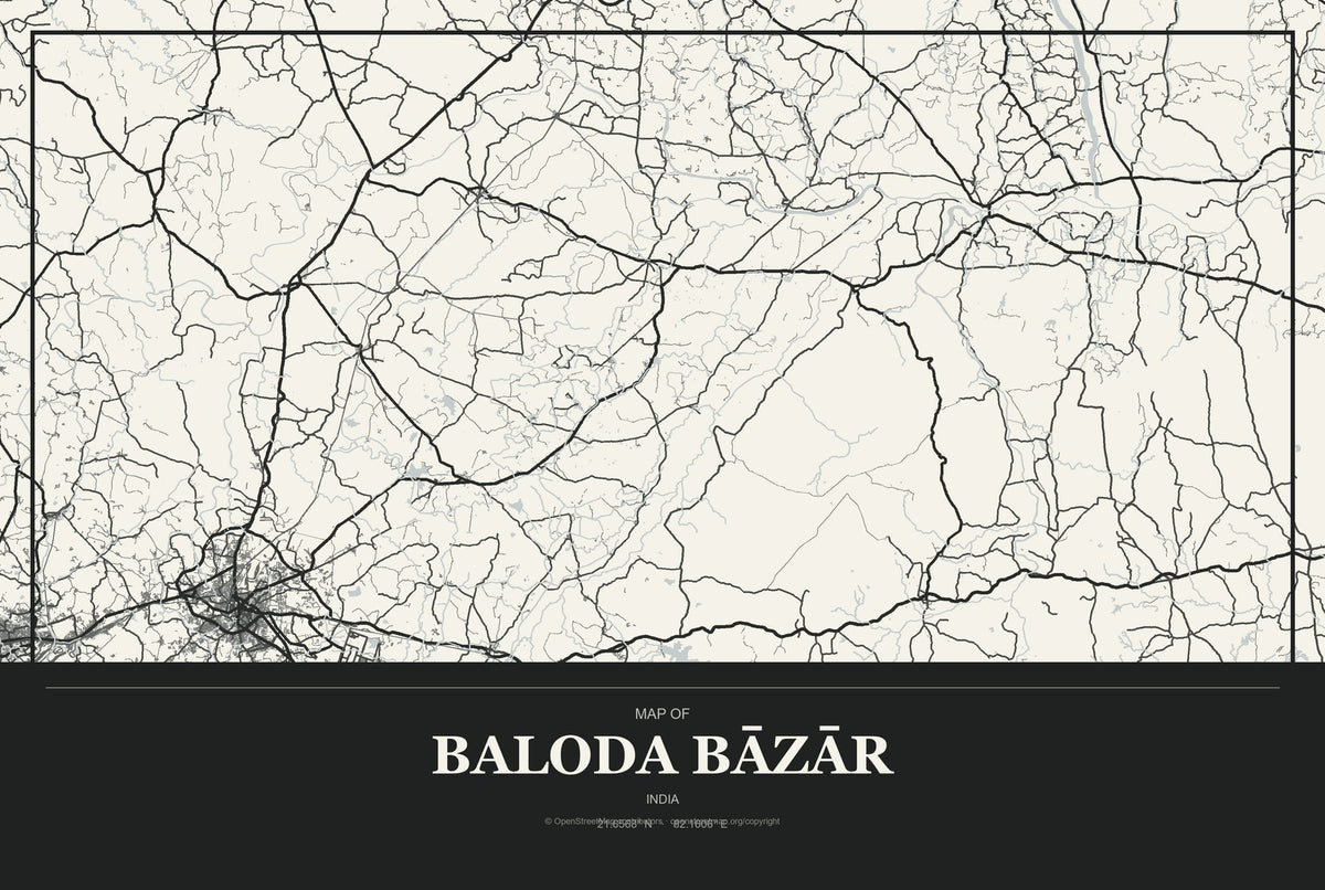 Baloda Bāzār, India City Map Aluminum Sign in Museum Plaque style