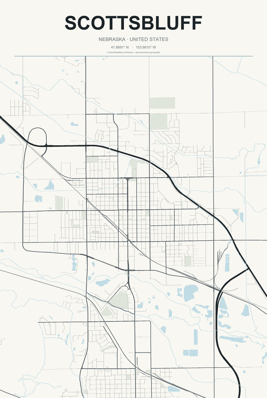 Scottsbluff, Nebraska City Map Aluminum Sign in Headline Atlas style