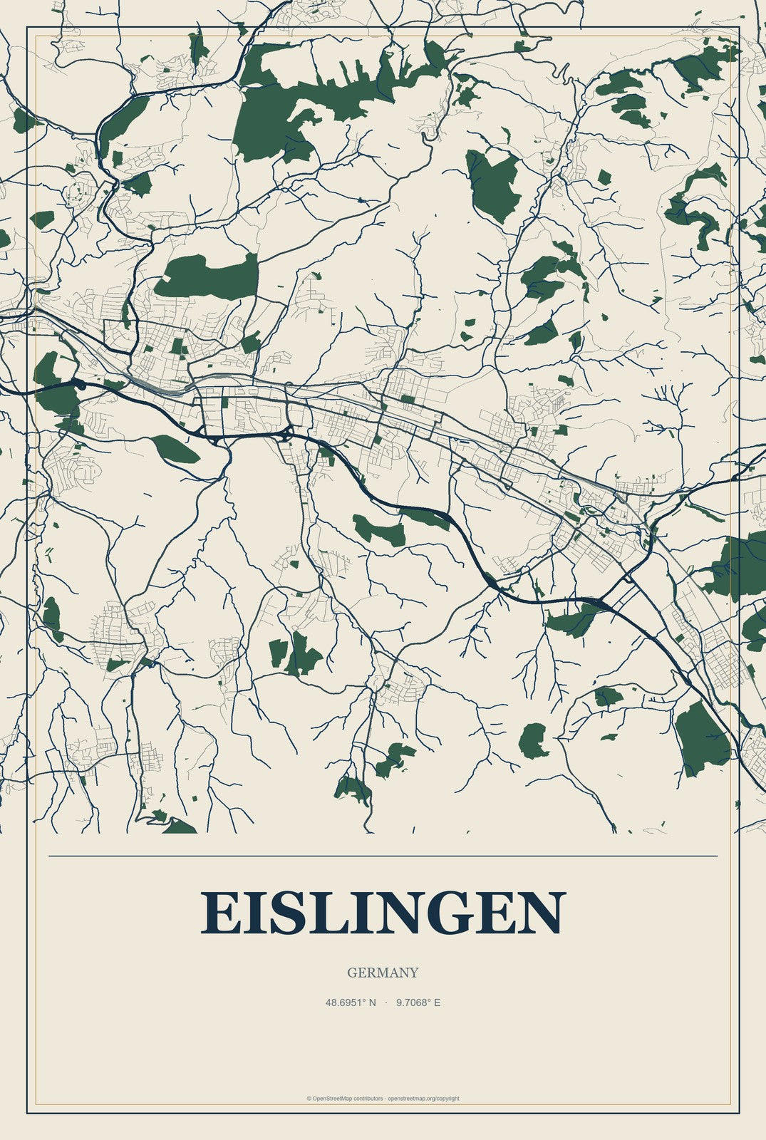 Eislingen, Germany City Map Aluminum Sign in Coastal Cutout style