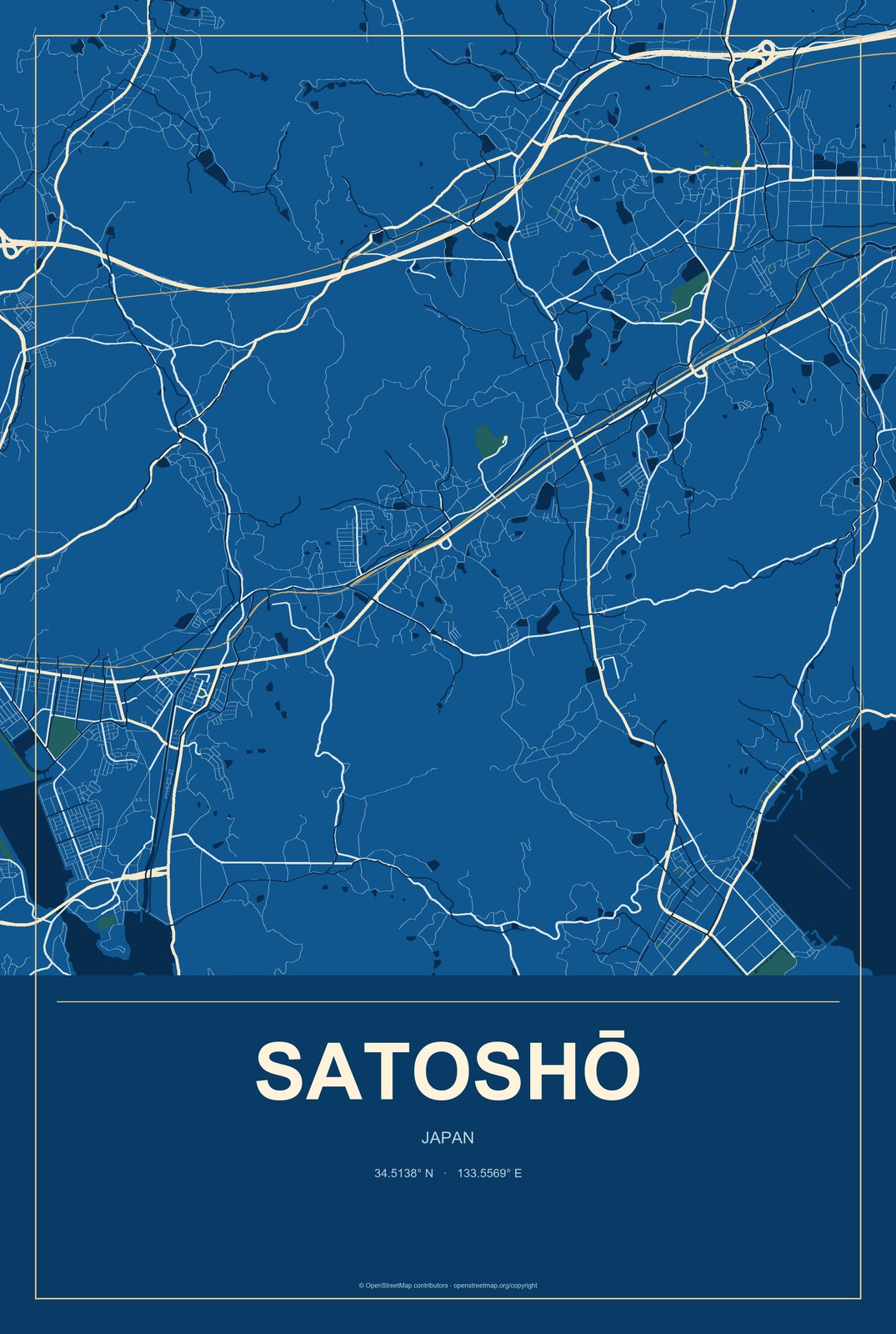 Satoshō, Japan City Map Aluminum Sign in Harbor Cobalt style