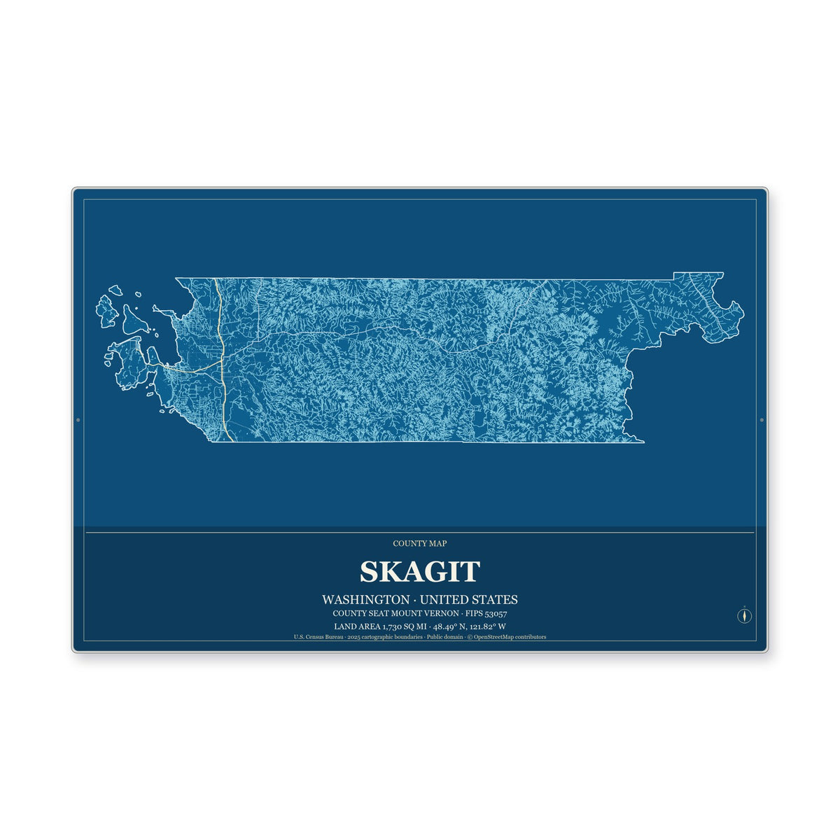 Skagit County, Washington Map Aluminum Sign in Harbor Cobalt style