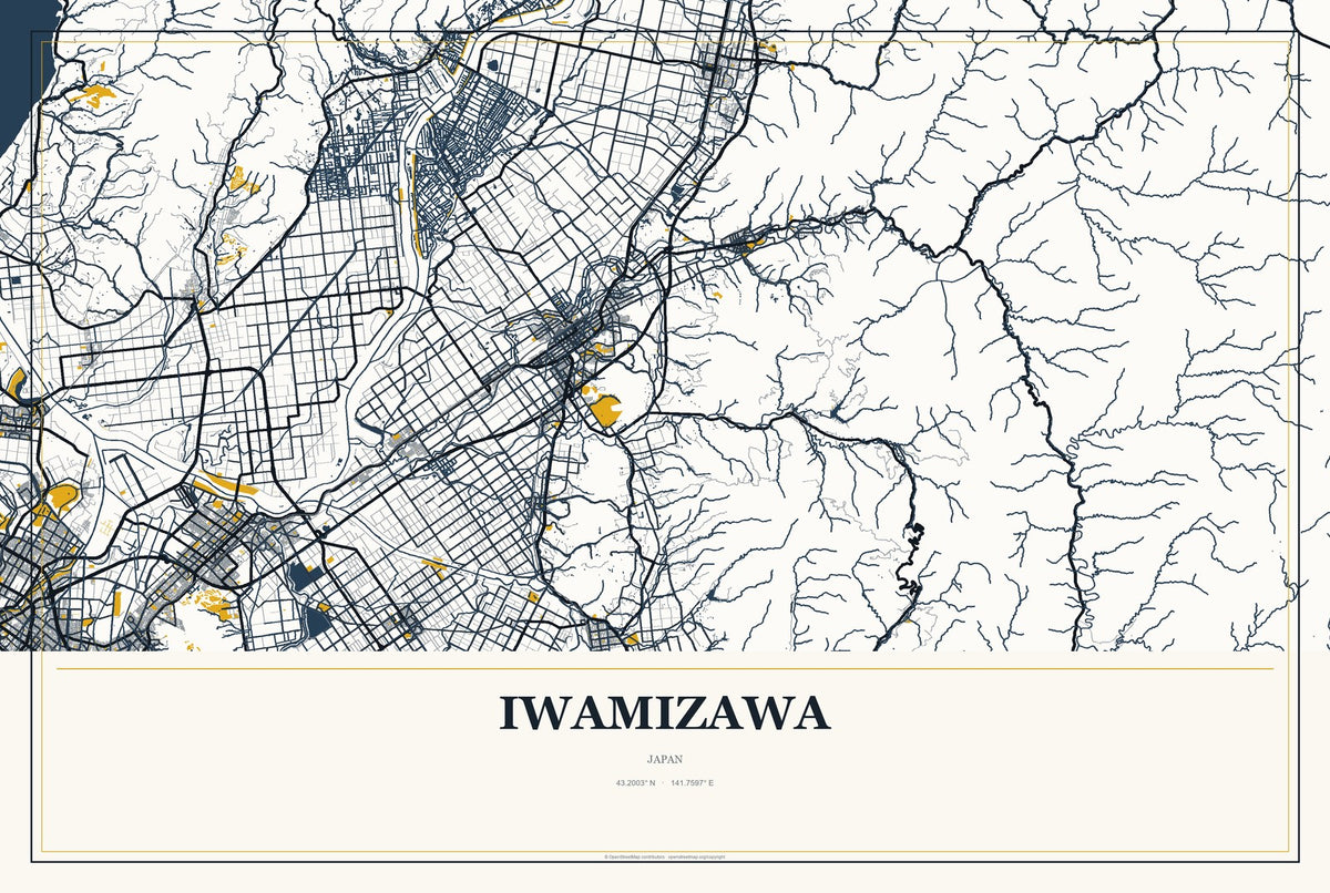 Iwamizawa, Japan City Map Aluminum Sign in Citrine Modern style