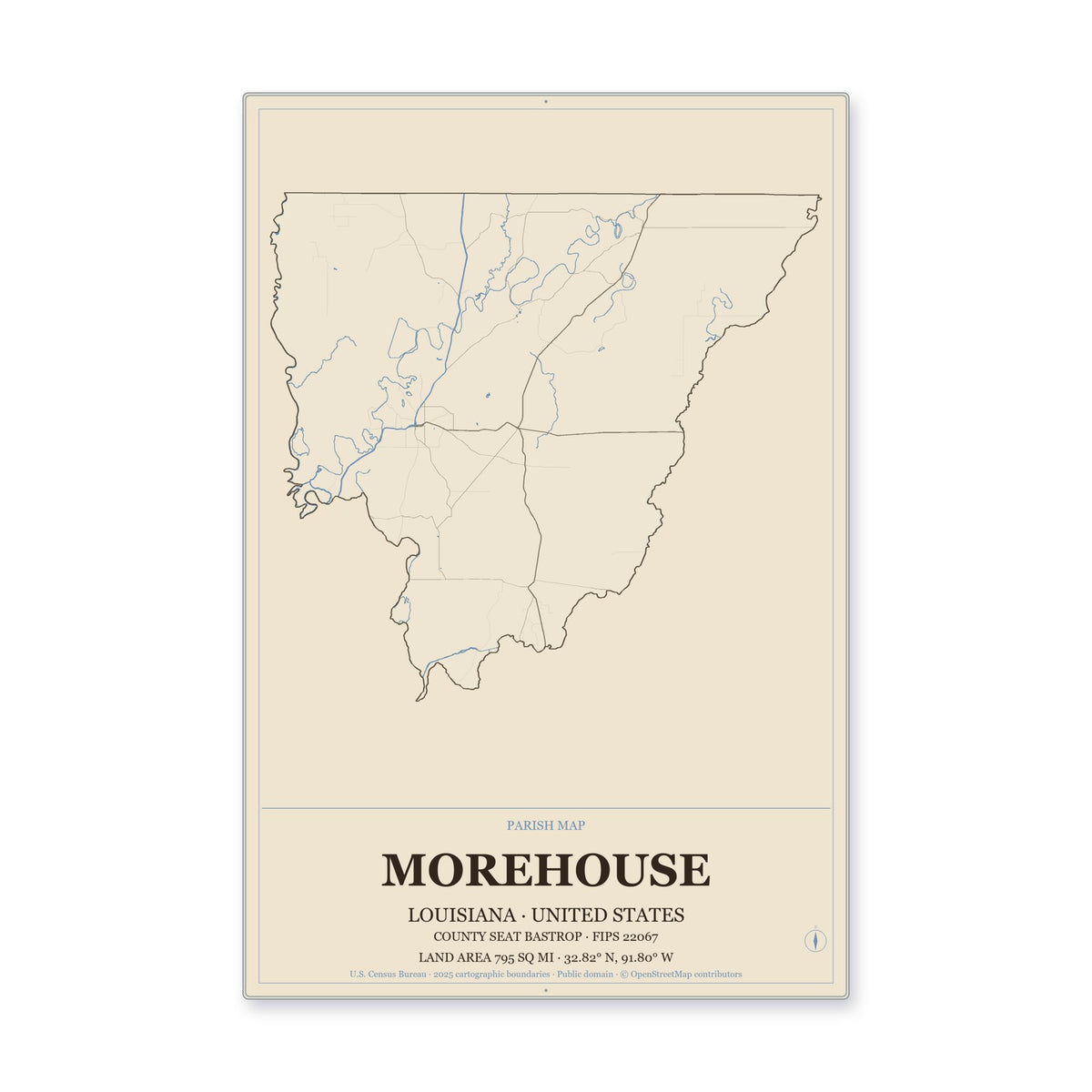 Morehouse Parish, Louisiana Map Aluminum Sign in Heritage Nautical style