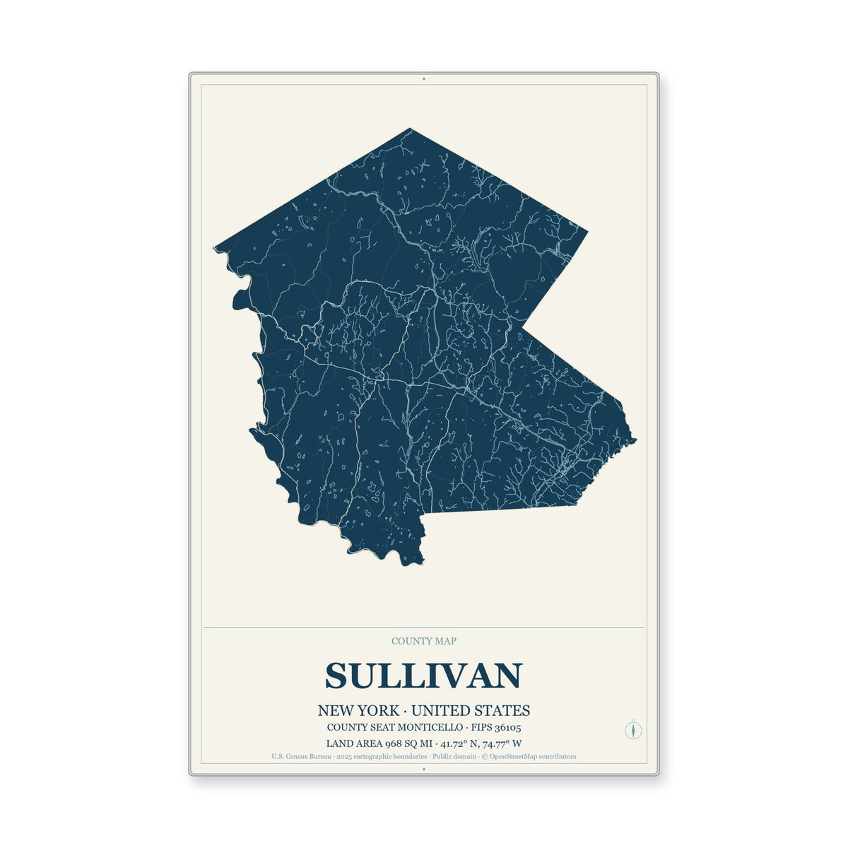 Sullivan County, New York Map Aluminum Sign in Coastal Cutout style