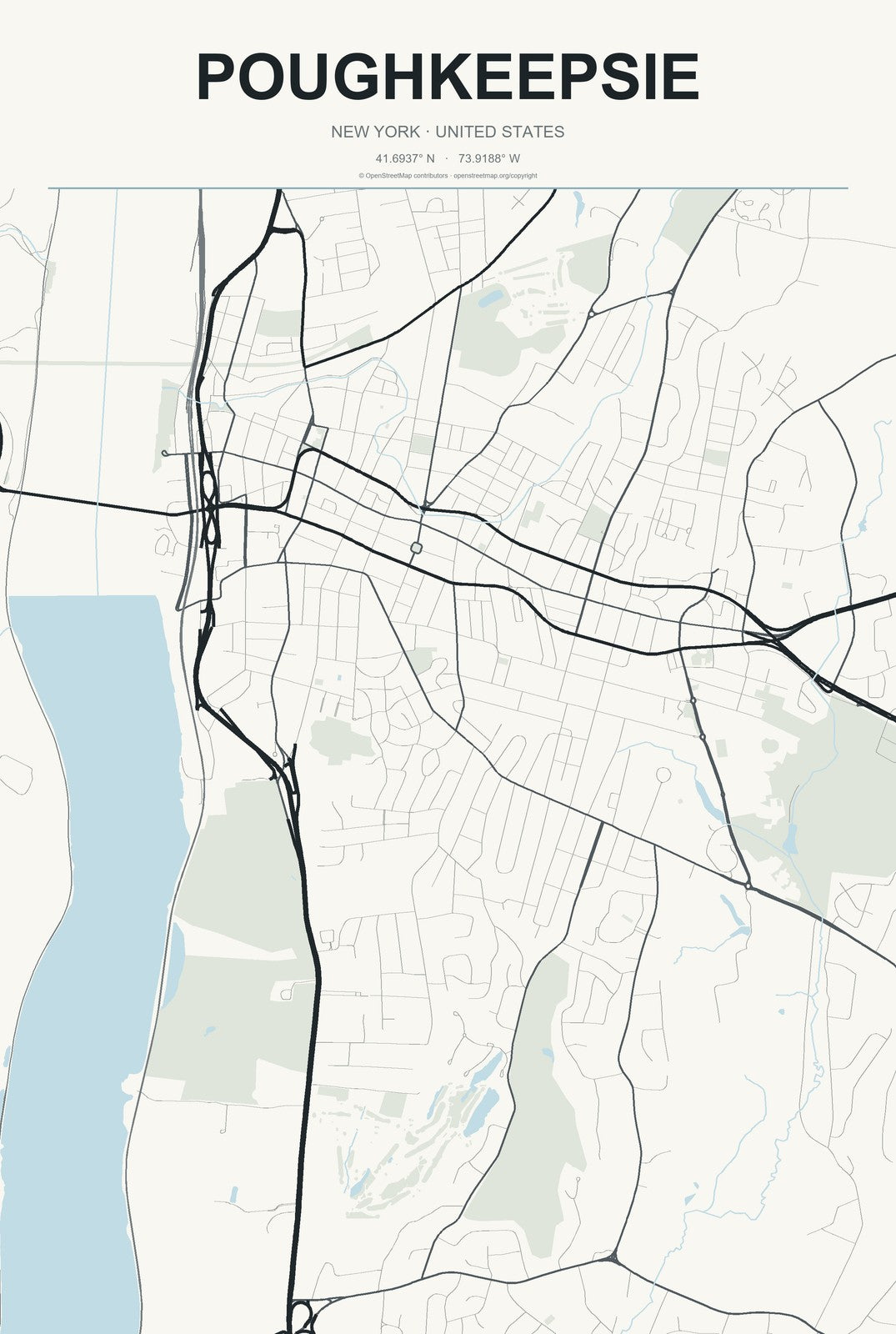 Poughkeepsie, New York City Map Aluminum Sign in Headline Atlas style
