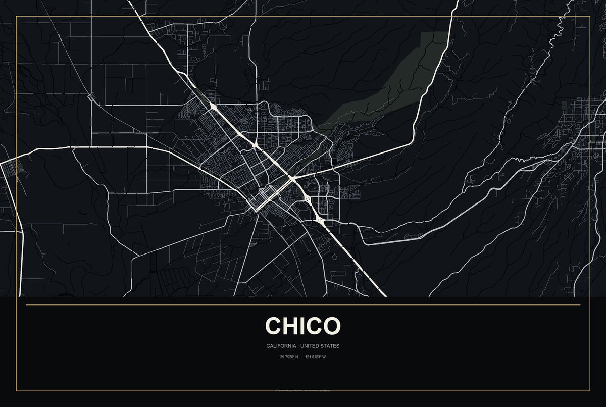 Chico, California City Map Aluminum Sign in Metropolitan Noir style