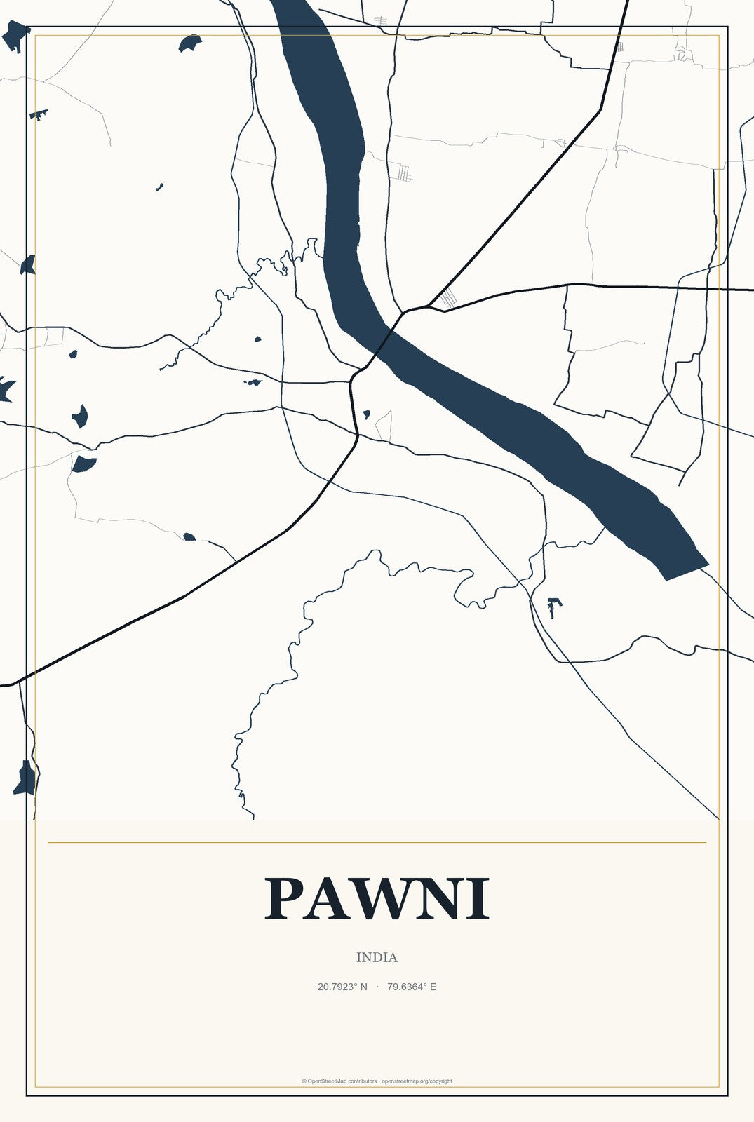 Pawni, India City Map Aluminum Sign in Citrine Modern style