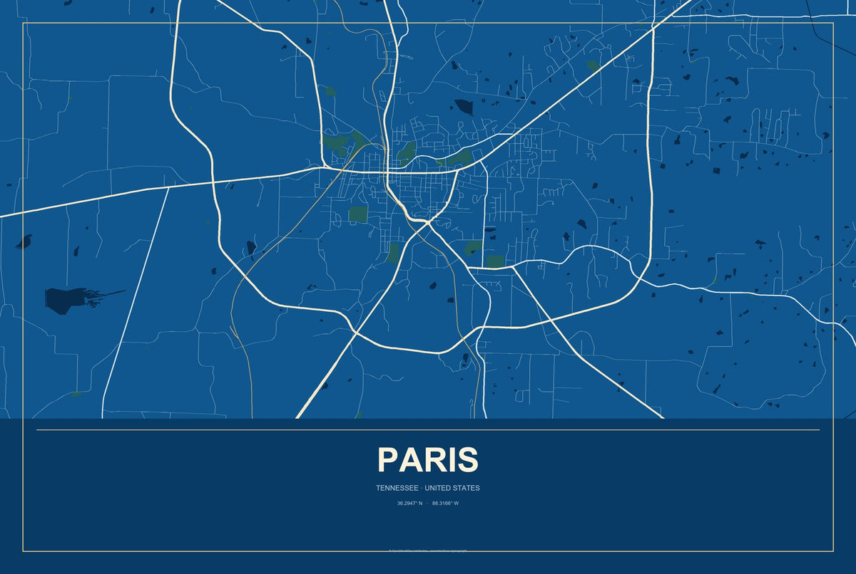 Paris, Tennessee City Map Aluminum Sign in Harbor Cobalt style