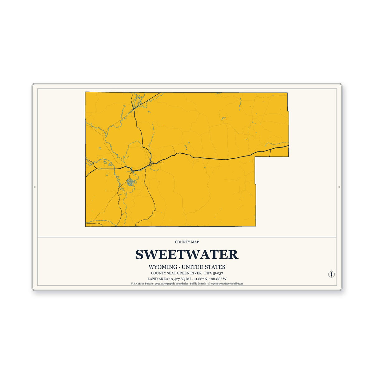 Sweetwater County, Wyoming Map Aluminum Sign in Citrine Modern style
