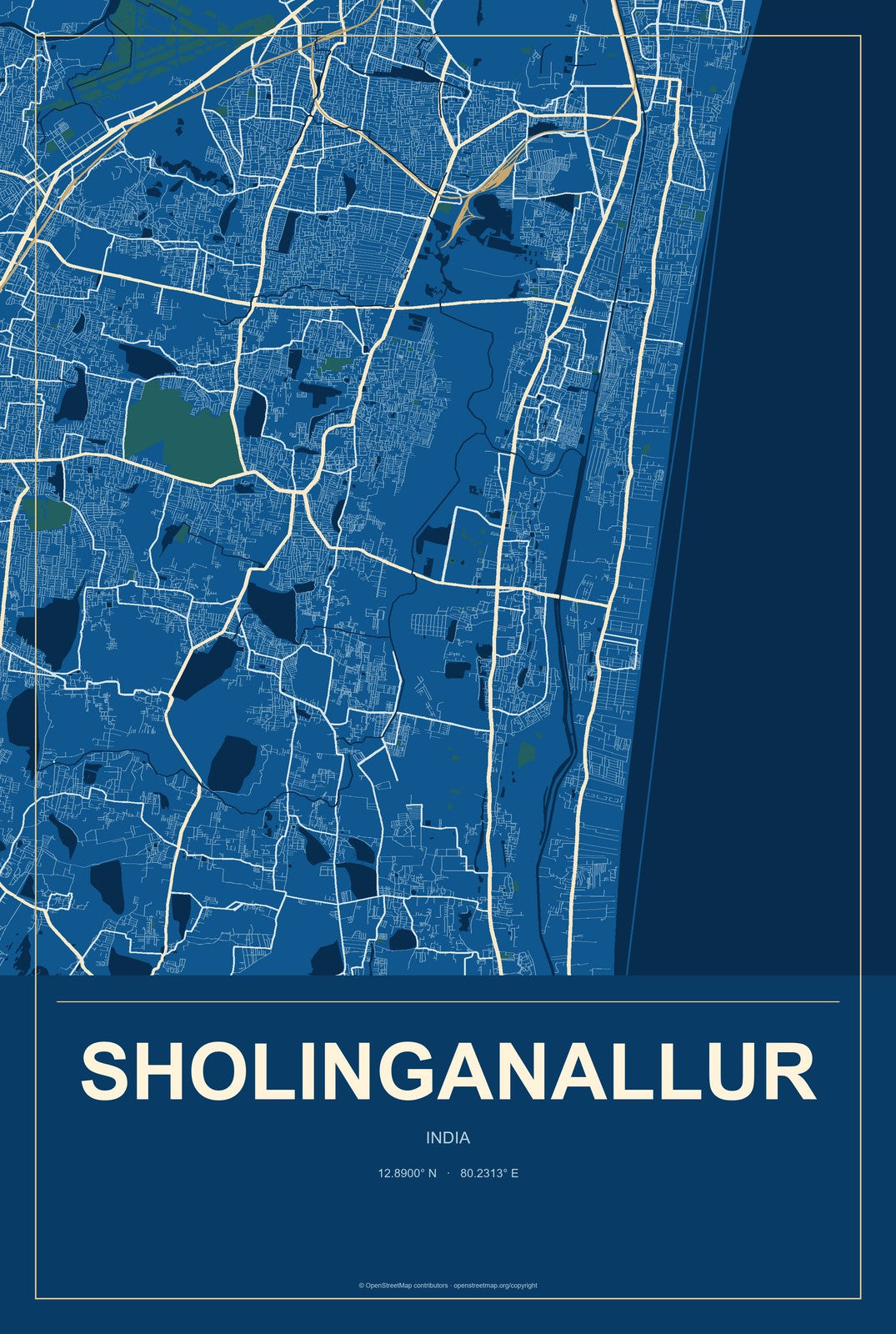 Sholinganallur, India City Map Aluminum Sign in Harbor Cobalt style
