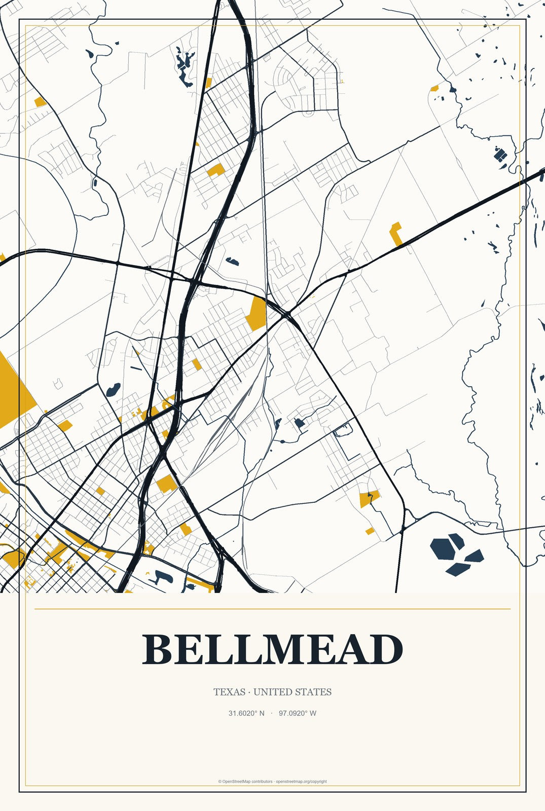 Bellmead, Texas City Map Aluminum Sign in Citrine Modern style