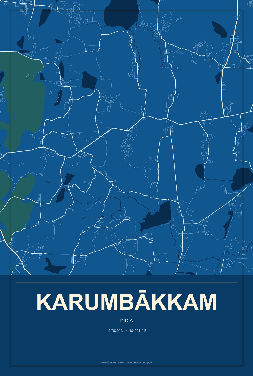 Karumbākkam, India City Map Aluminum Sign in Harbor Cobalt style