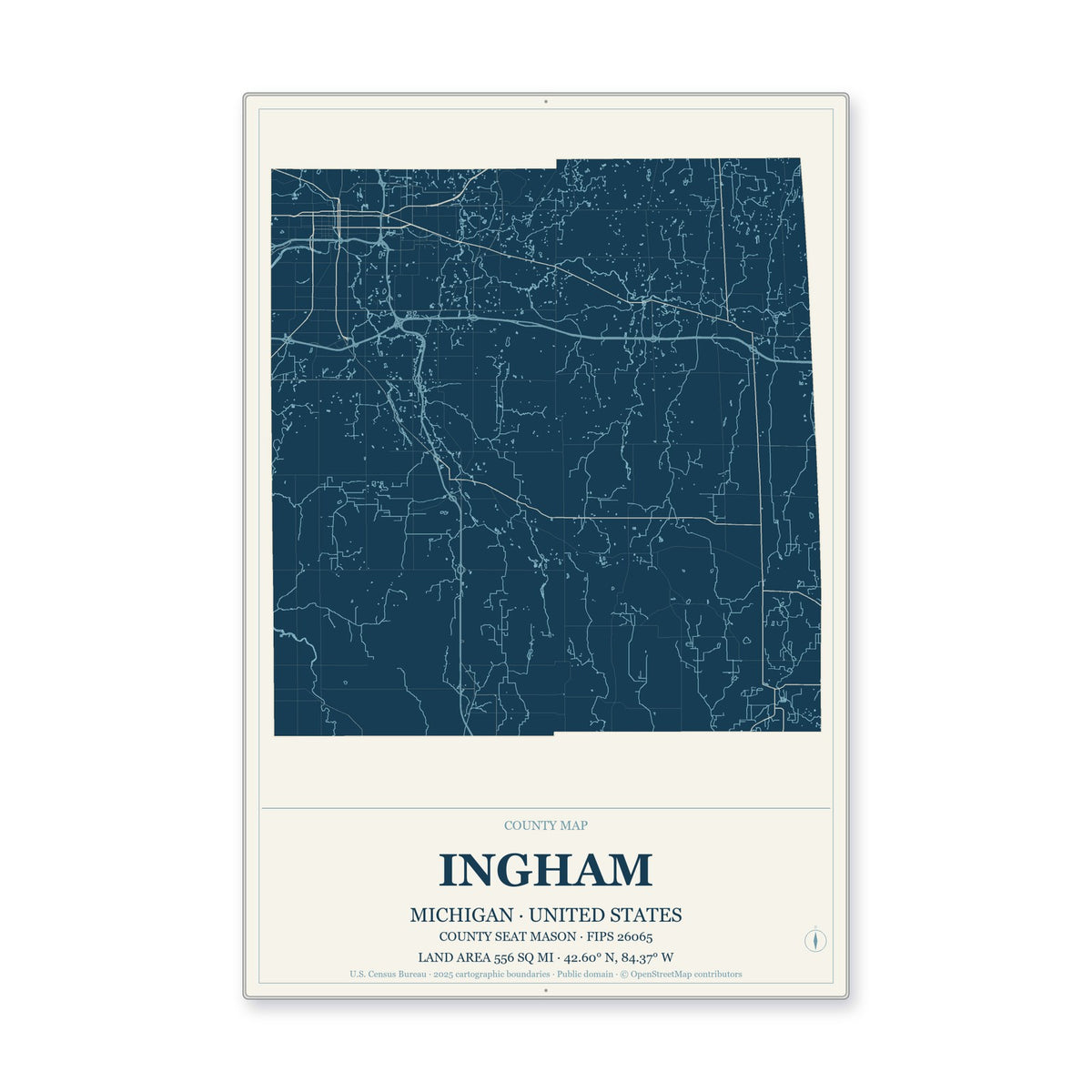 Ingham County, Michigan Map Aluminum Sign in Coastal Cutout style