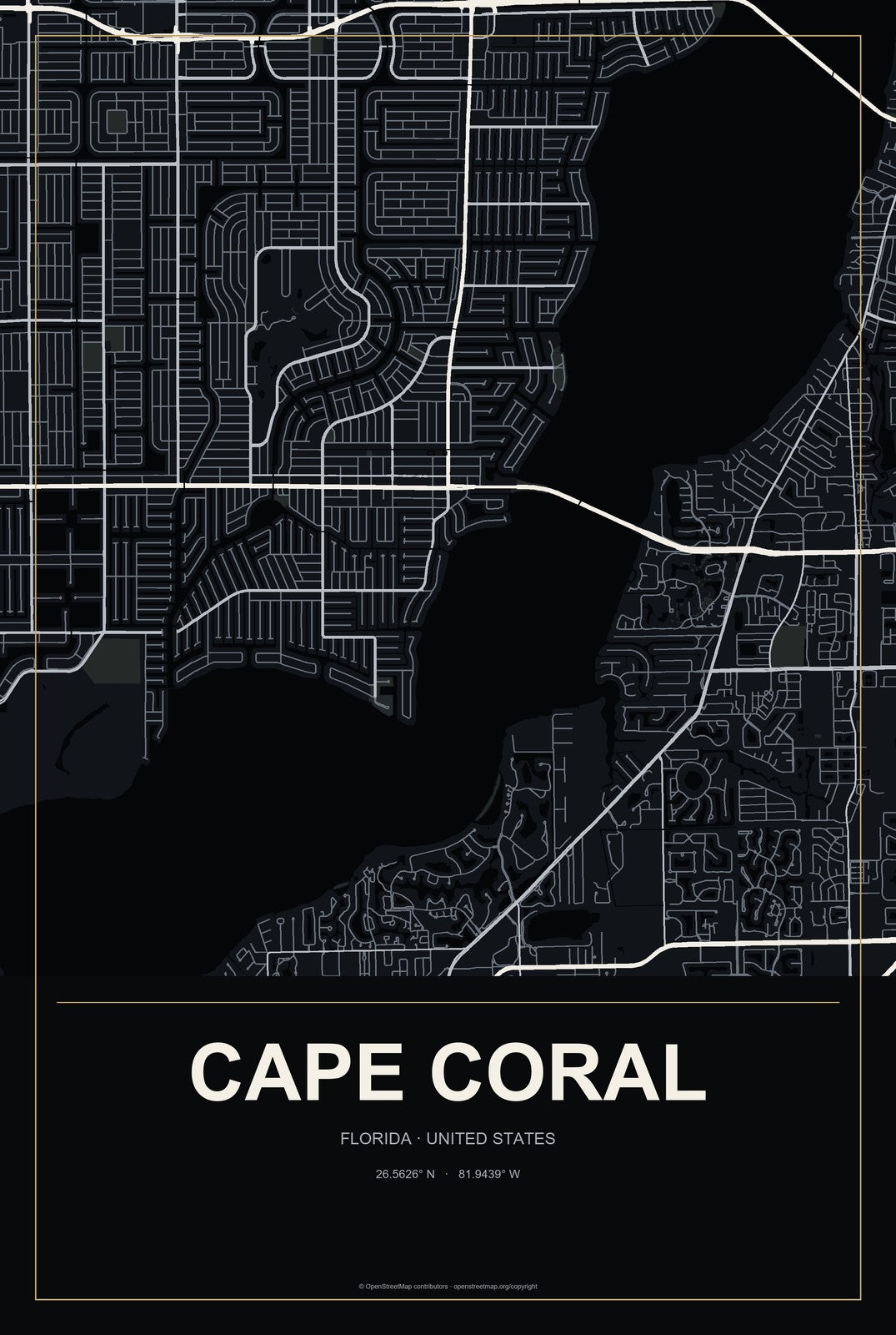 Cape Coral, Florida City Map Aluminum Sign in Metropolitan Noir style