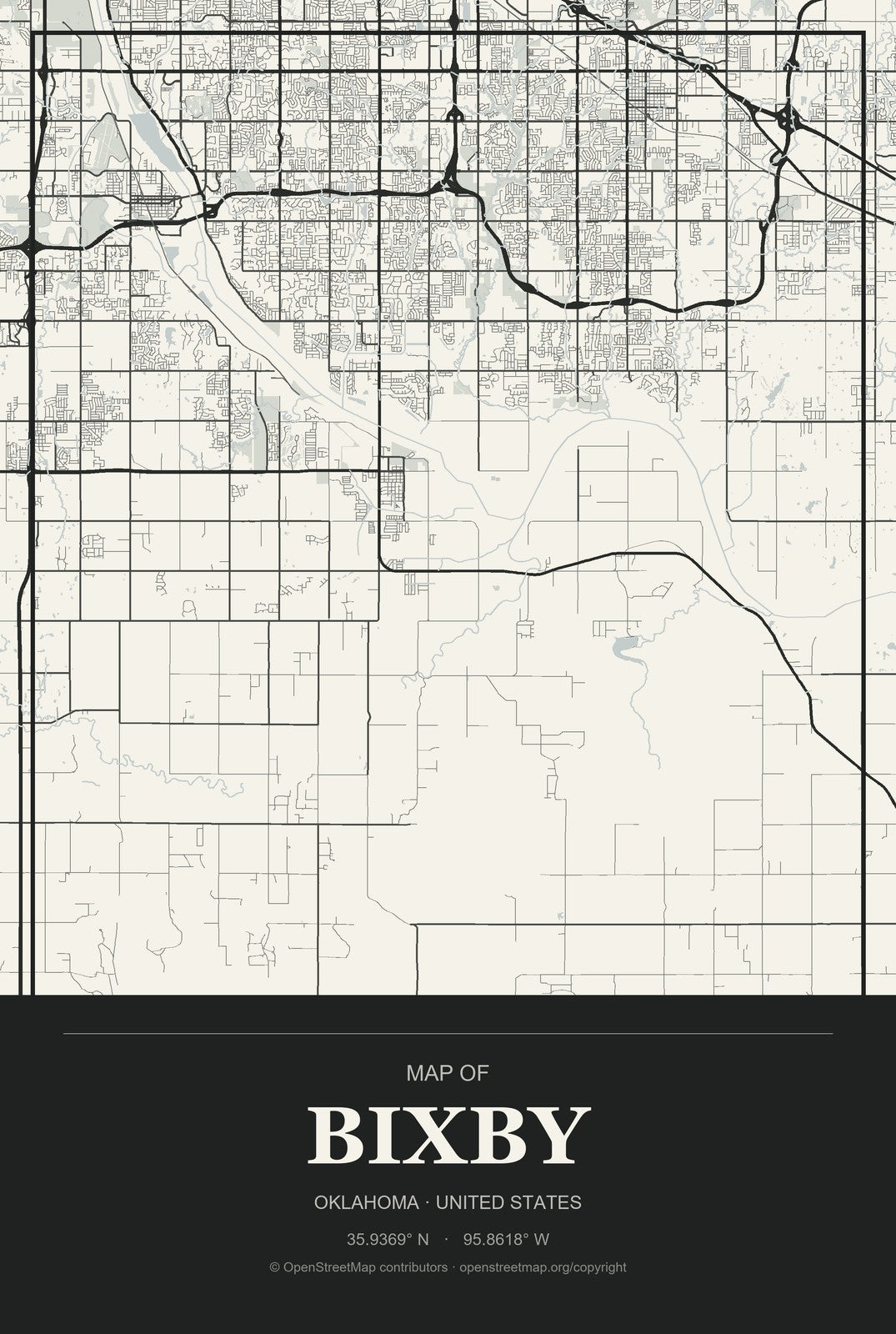 Bixby, Oklahoma City Map Aluminum Sign in Museum Plaque style