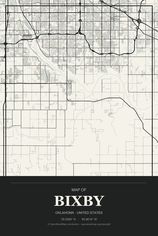 Bixby, Oklahoma City Map Aluminum Sign in Museum Plaque style
