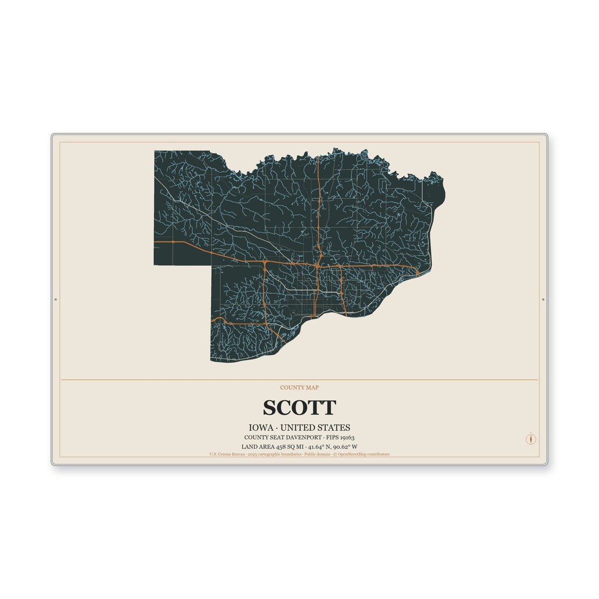 Scott County, Iowa Map Aluminum Sign in Headline Atlas style