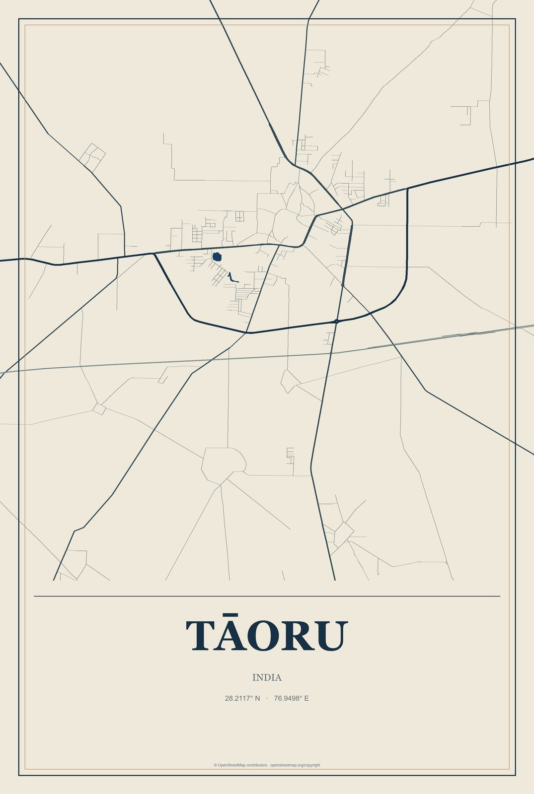 Tāoru, India City Map Aluminum Sign in Coastal Cutout style