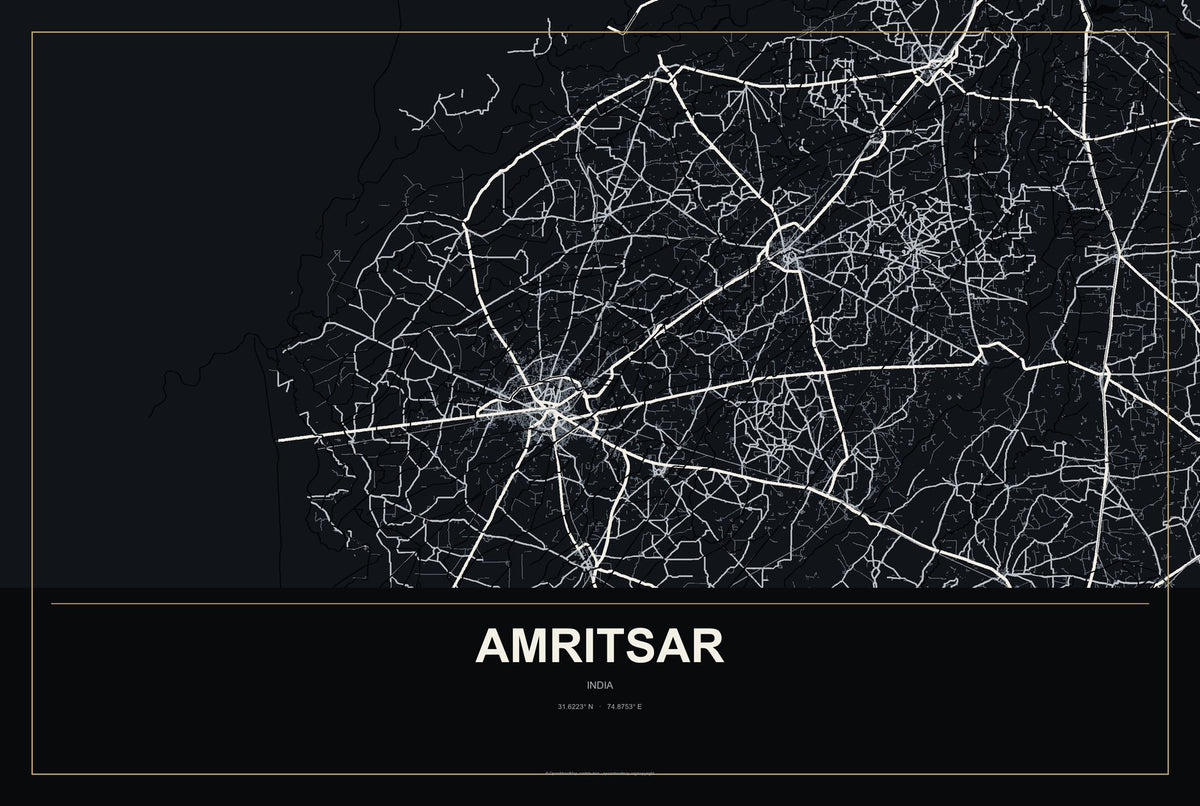 Amritsar, India City Map Aluminum Sign in Metropolitan Noir style