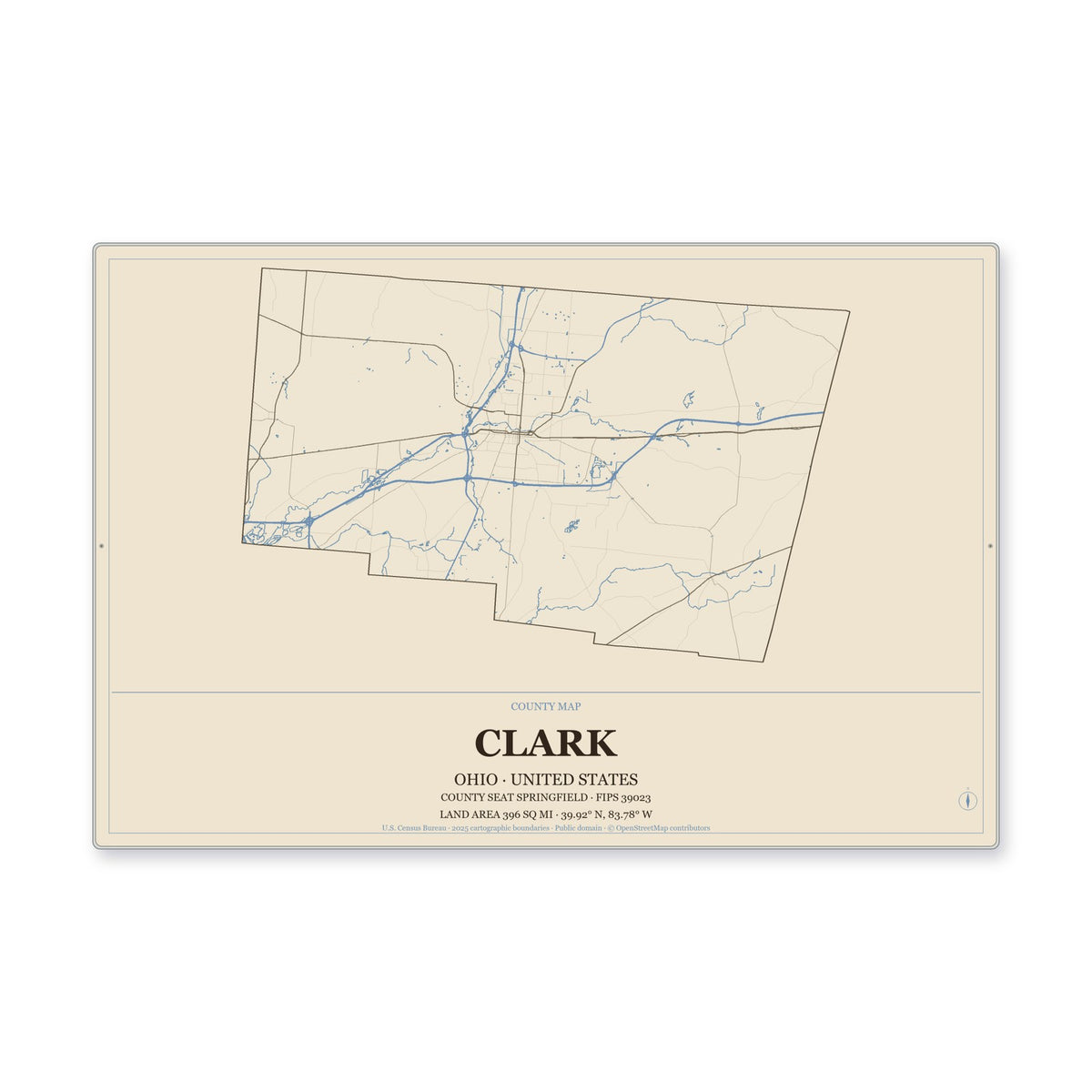 Clark County, Ohio Map Aluminum Sign in Heritage Nautical style
