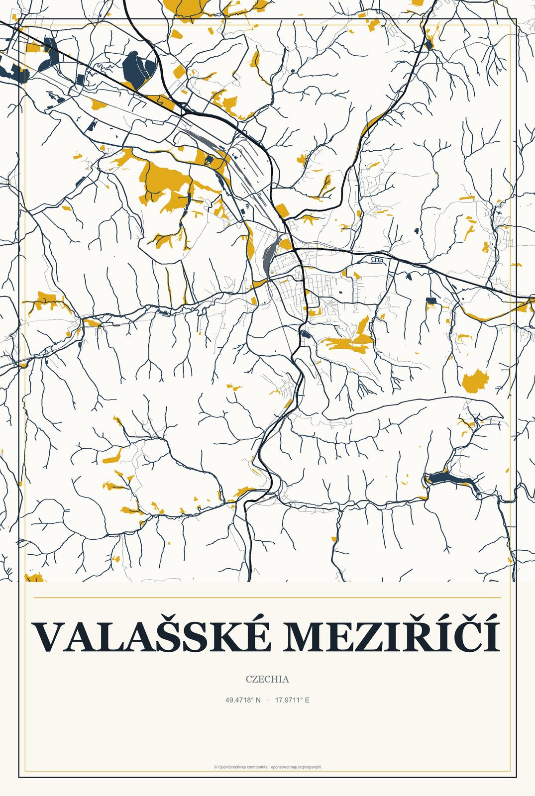 Valašské Meziříčí, Czechia City Map Aluminum Sign in Citrine Modern style