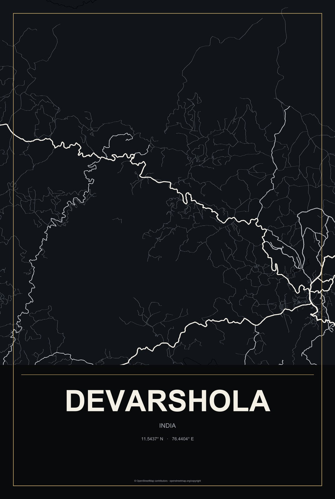 Devarshola, India City Map Aluminum Sign in Metropolitan Noir style