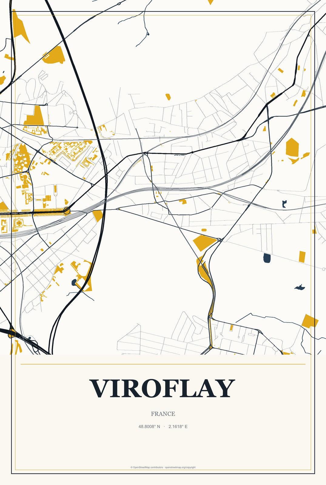 Viroflay, France City Map Aluminum Sign in Citrine Modern style